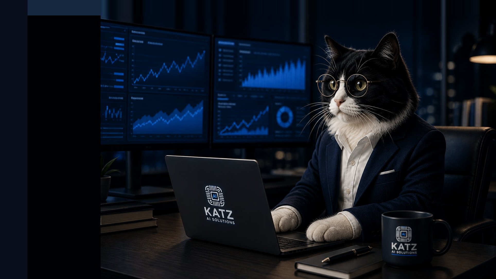 Tux, the illustrated mascot of Katz AI Solutions, at his desk reviewing financial dashboards.